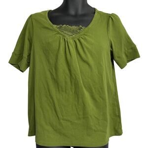 Lane Bryant Top Plus 14W Green Pleated VNeck Lace 100% Cotton Boho Chic Feminine